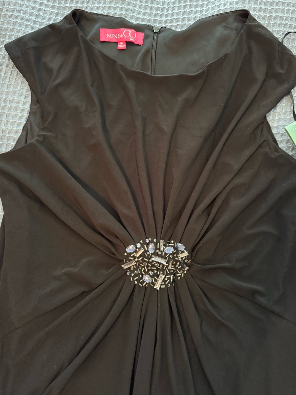 NWT Nine & Co. Black Ruched Sheath Dress with Beaded Waist Detail - Cap Sleeve - Picture 9 of 14